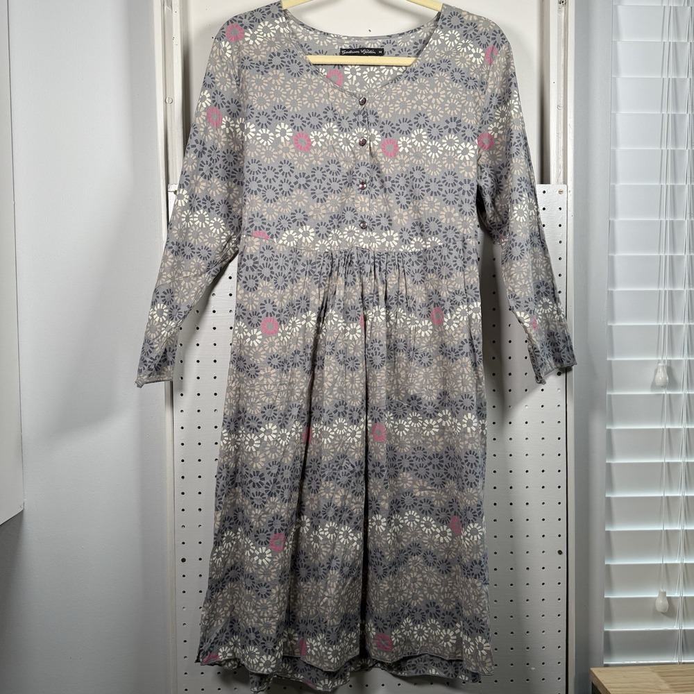 Gudrun Sjoden Women's Dress‎ Tunic Medium Pink Gray Floral Pockets Lagenlook Tie